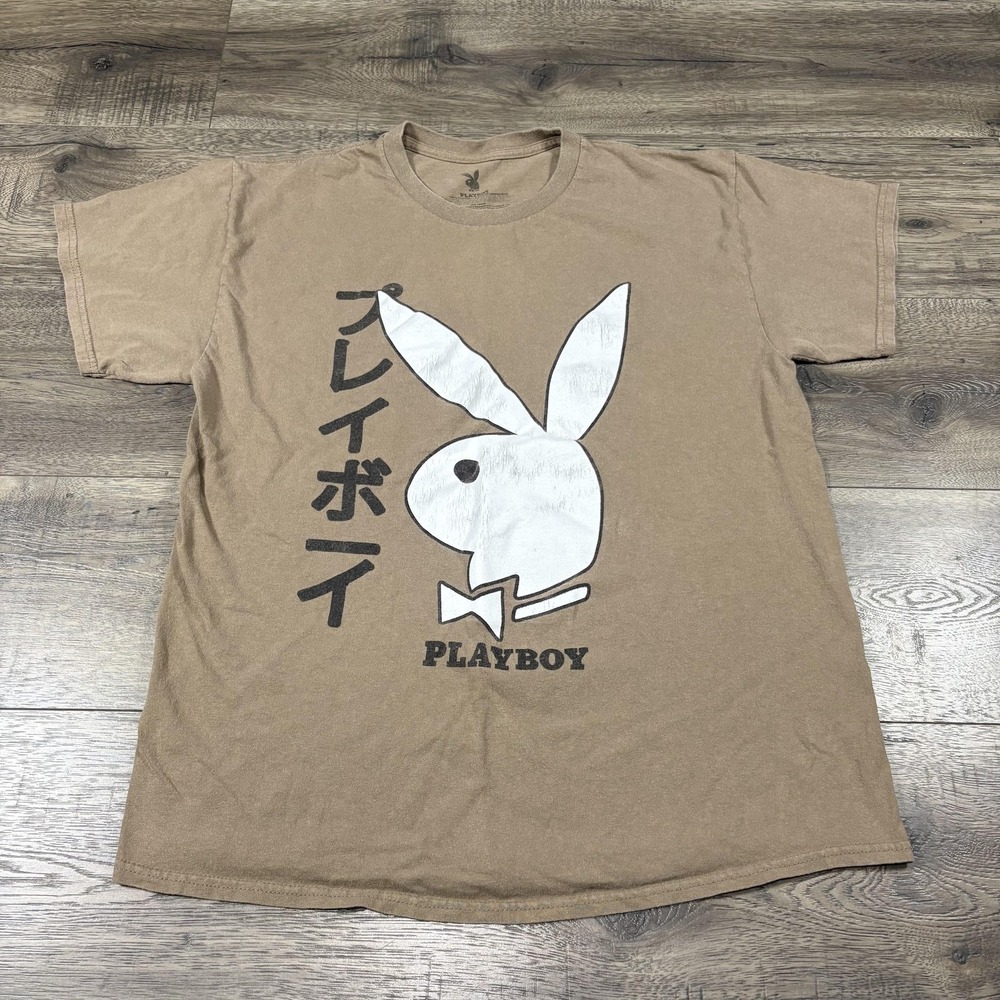 Playboy Shirt Mens‎ Large Brown Japanese Bunny Logo Graphic Tee Tagless Cotton